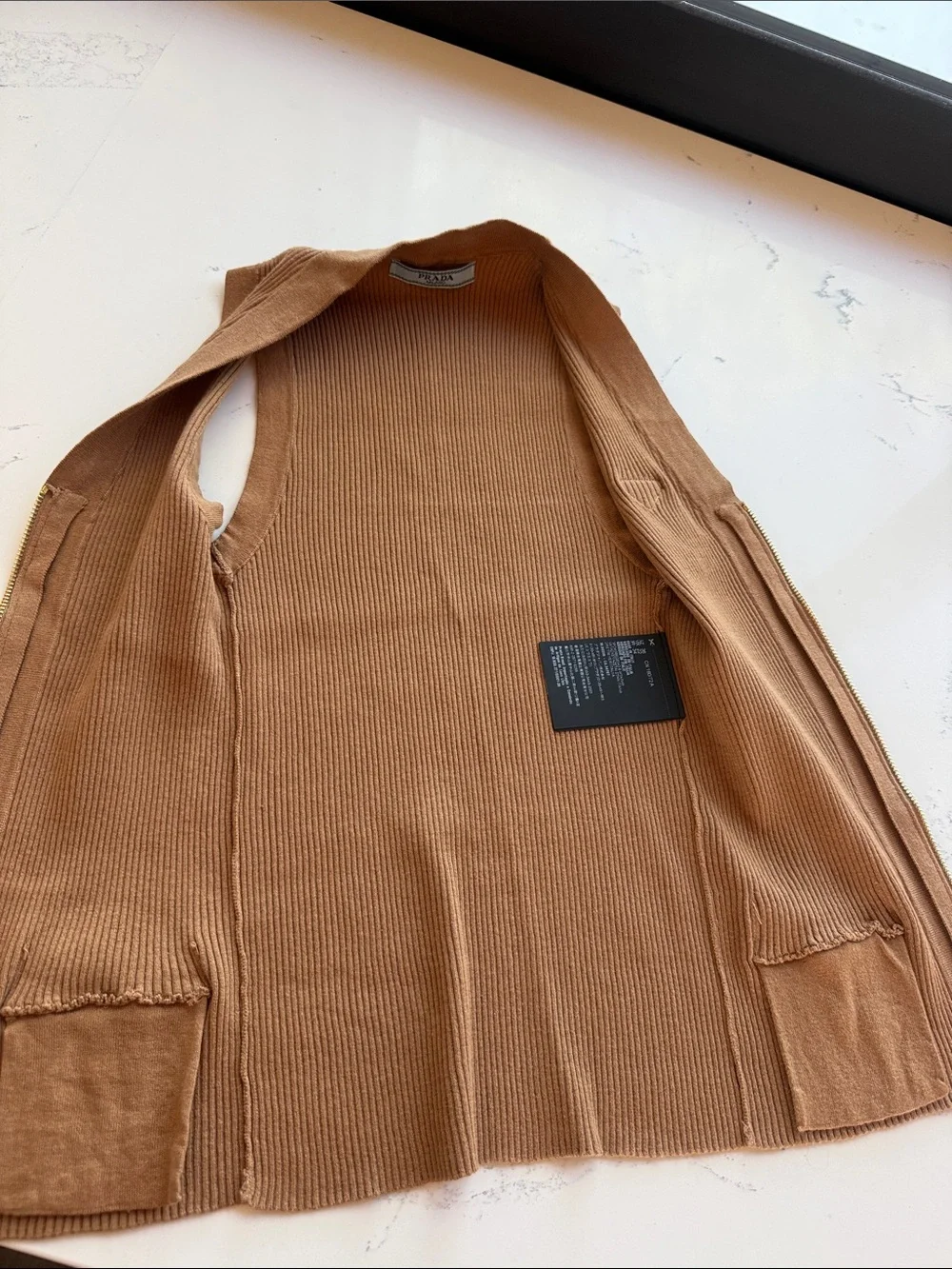 Prada Ribbed Knit Sleeveless Zip Vest Cardigan Brown Camel Leather Logo Plaque
